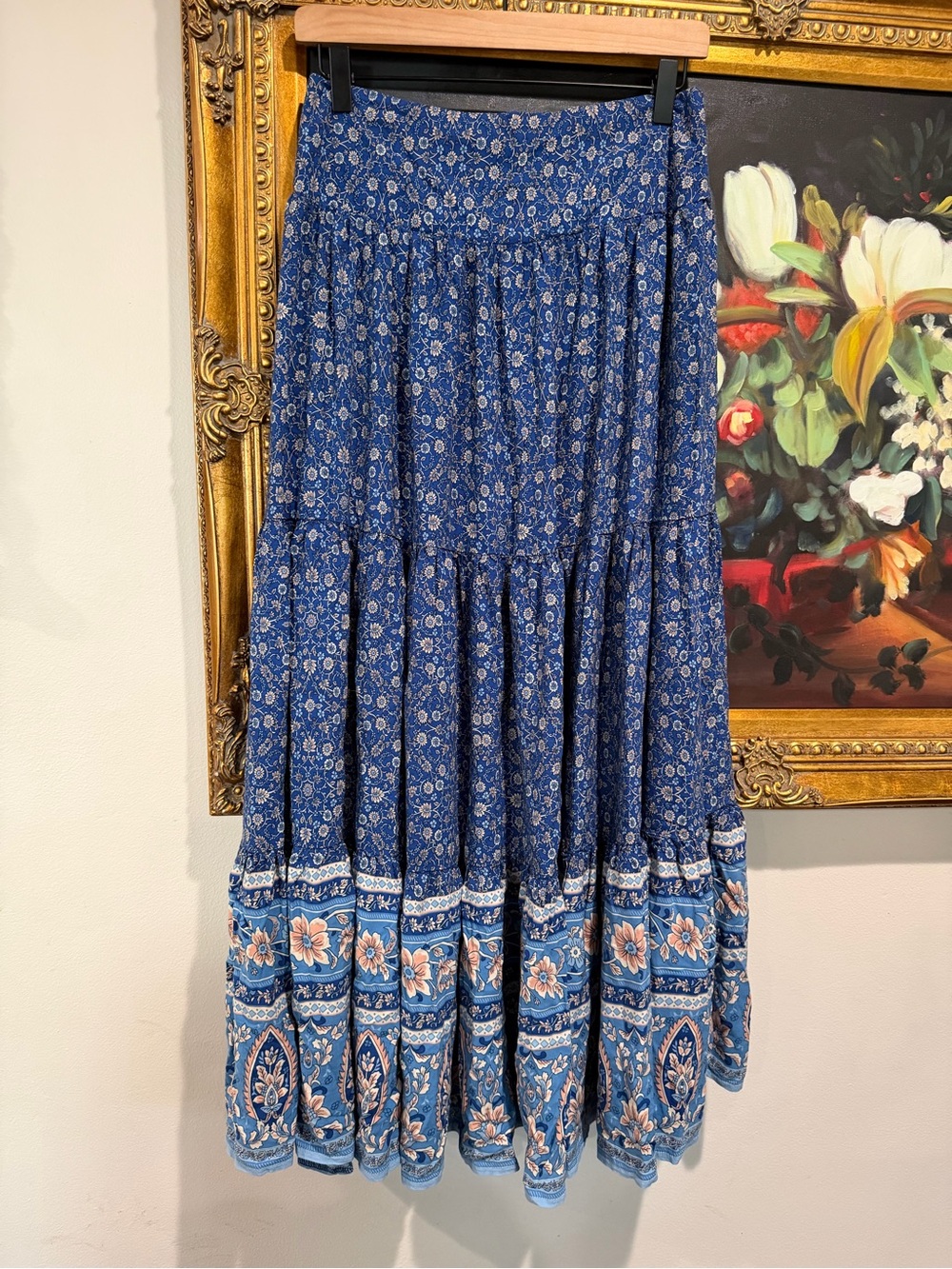 NATURAL LIFE Blue Floral Boho Maxi Skirt with Pink Accents